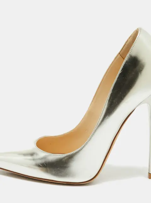 Jimmy Choo Romy Size 37 Silver Leather Pointed Toe Pumps