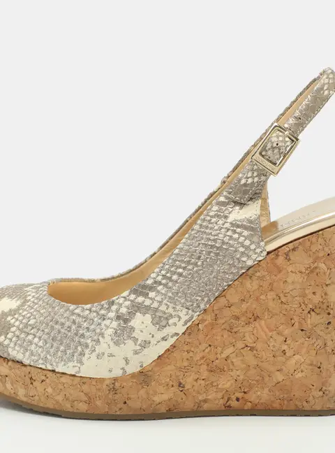 Jimmy Choo Praise Cork Size 40 Metallic Snakeskin Embossed Leather Wedge Sandals