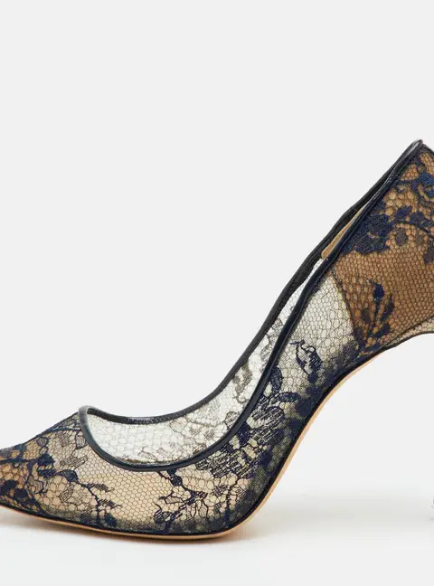 Jimmy Choo Romy Size 36 Navy Blue Lace and Mesh Pointed Toe Pumps