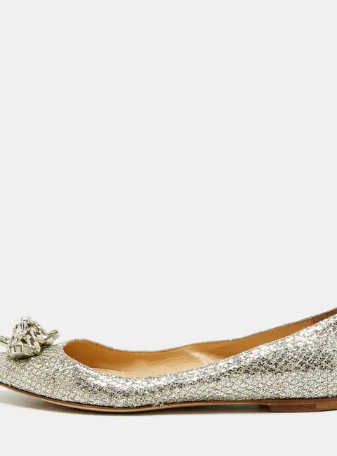 Jimmy Choo Romy Size 37.5 Silver Glitter Crystal Embellished Ballet Flats