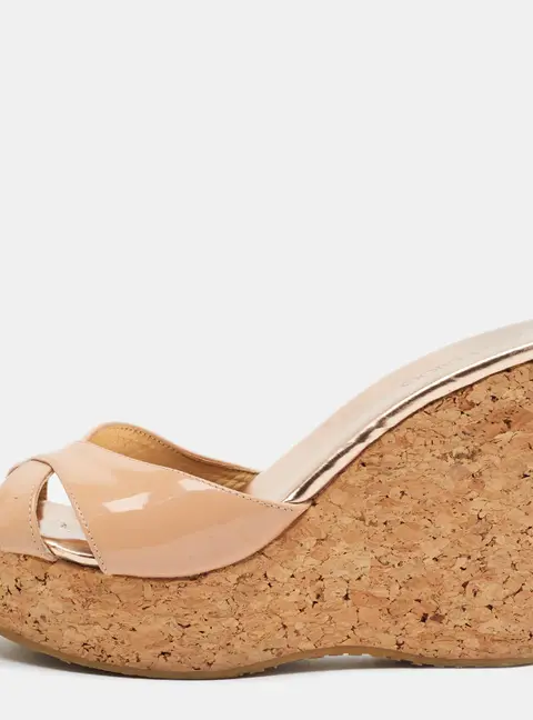 Jimmy Choo Size 38 Beige Patent Leather Wedge Sandals