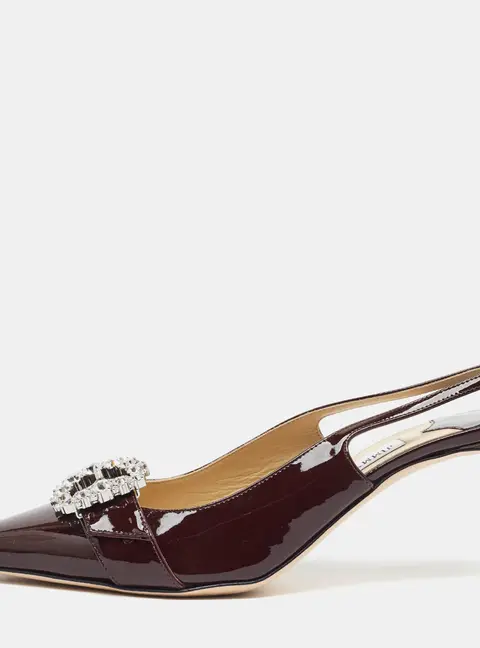 Jimmy Choo Belinda Size 39 Brown Patent Leather Buckle Crystal-Embellished Slingback Pumps