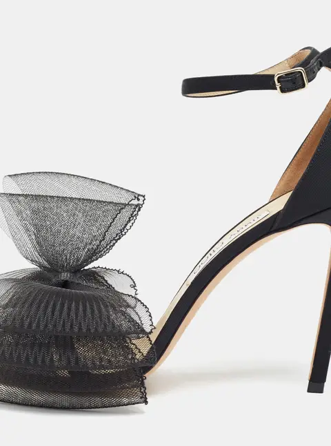 Jimmy Choo Aveline Size 40 Black Fabric and Mesh Asymmetric Bow Ankle Strap Sandals
