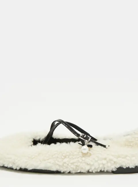 Jimmy Choo Size 40 White Patent and Shearling Eleri Embellished Mary Jane Ballet Flats