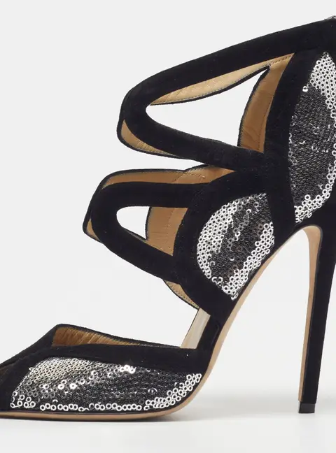 Jimmy Choo Tempest Size 39.5 Black/Silver Sequins and Suede Sandals