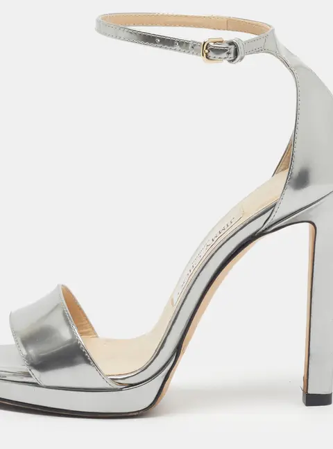 Jimmy Choo Misty Size 34.5 Silver Leather Ankle Strap Sandals