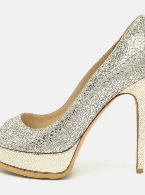 Jimmy Choo Dahlia Size 39 Silver/Gold Glitter and Lame Fabric Platform Pumps