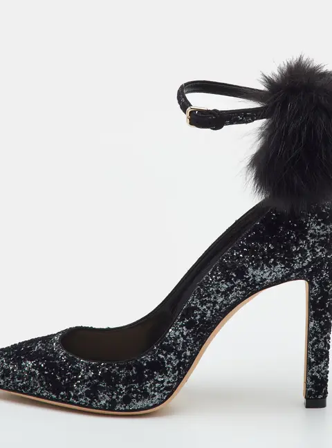 Jimmy Choo South Size 39.5 Black Coarse Glitter and Fox Fur Pom-Pom Pointed Toe Pumps