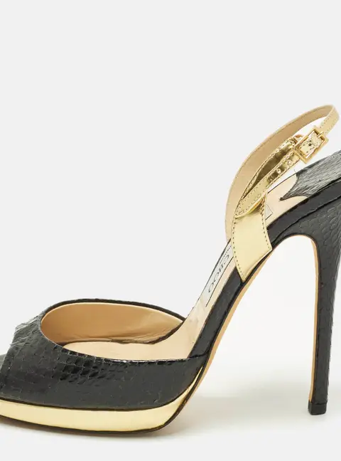 Jimmy Choo Size 38.5 Black/Gold Python and Leather Platform Slingback Sandals