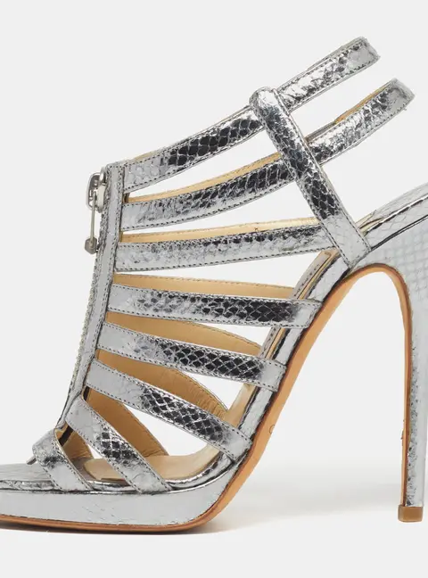 Jimmy Choo Glenys Size 38.5 Silver Snakeskin Embossed Leather Gladiator Sandals
