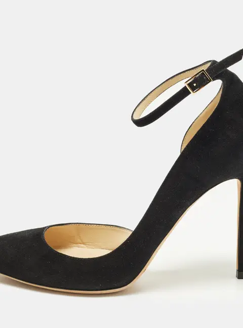 Jimmy Choo Lucy Size 37 Black Suede Ankle Strap Pointed Toe D'orsay Pumps