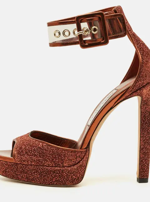 Jimmy Choo Moscow Size 38.5 Metallic Lurex Fabric and PVC Ankle Strap Sandals