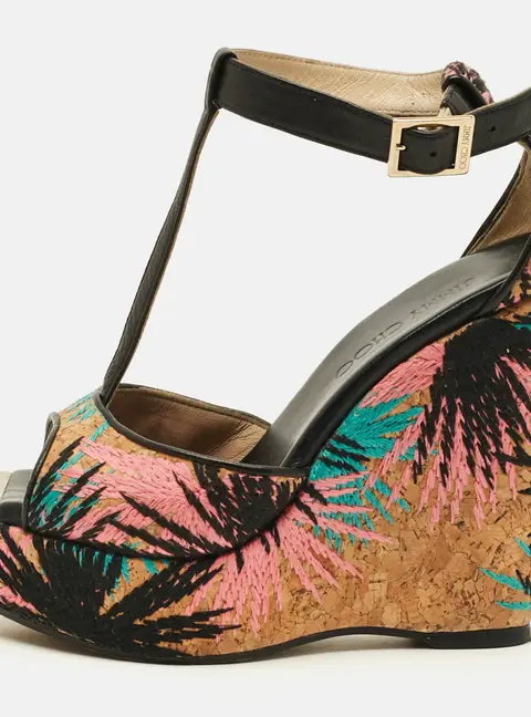 Jimmy Choo Size 37 Multicolor Cork And Leather Cork Wedge Sandals