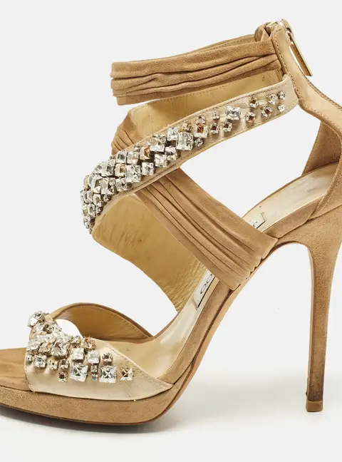 Jimmy Choo  Size 38 Beige Suede Crystal Embellished  Ankle Strap Sandals