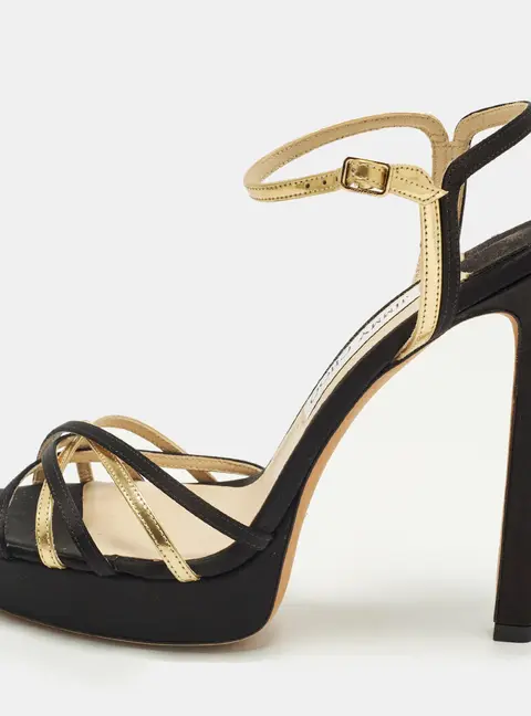 Jimmy Choo Size 39 Black/Gold Satin and Leather Ankle Strap Sandals