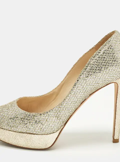 Jimmy Choo Dahlia Gold Glitter Fabric Peep Toe Pumps Size 38.5