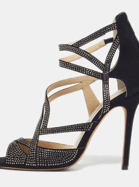 Jimmy Choo Size 38.5 Black Suede Dome Diamond Embellished Ankle Strap Sandals