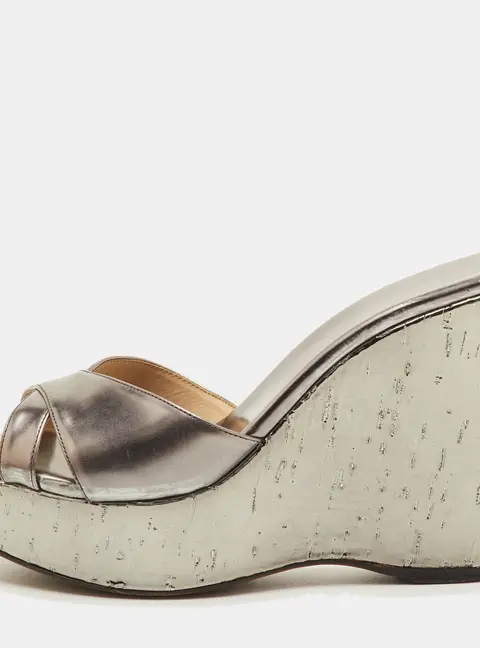 Jimmy Choo Prime Size 36 Silver Leather Cork Platform Wedge Sandals
