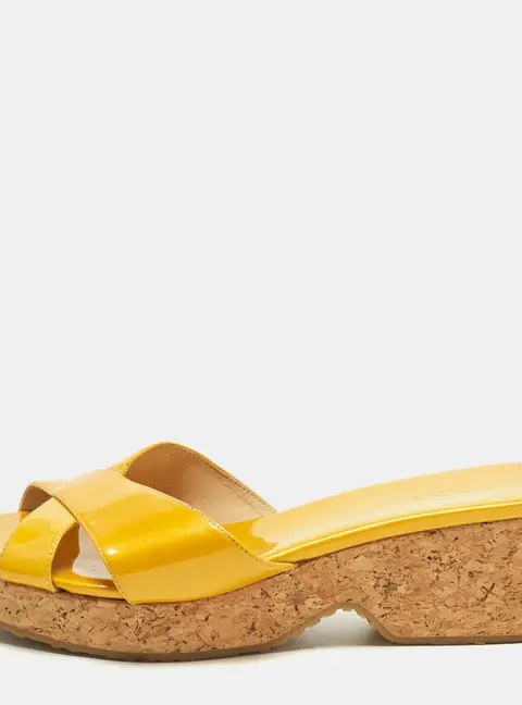 Jimmy Choo Size 39.5 Mustard Yellow Patent Leather Pandora Cork Wedges