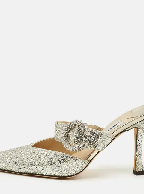 Jimmy Choo Marta Size 39 Metallic Silver Glitter Crystal Embellished Mules