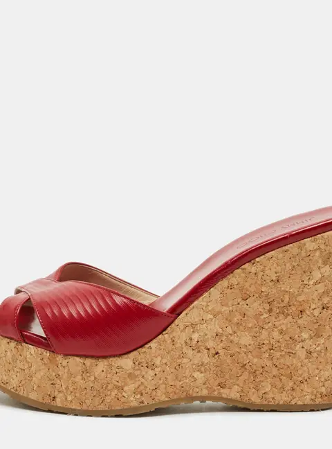 Jimmy Choo Prima Size 38.5 Red Leather Cork Platform Wedge Sandals