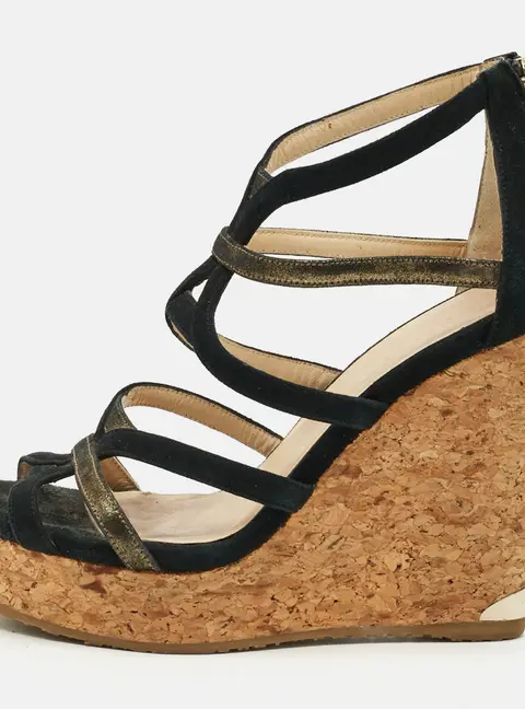 Jimmy Choo Portia Size 38.5 Black Suede Gladiator Cork Wedge Sandals