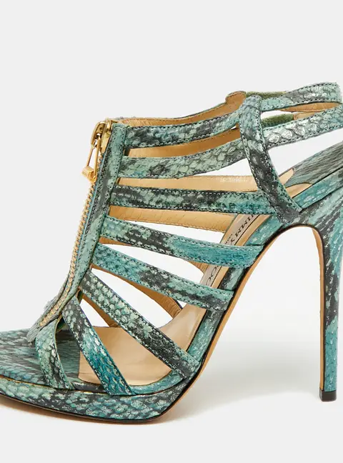 Jimmy Choo Glenys Size 38.5 Blue Snakeskin Embossed Leather Ankle Strap Sandals