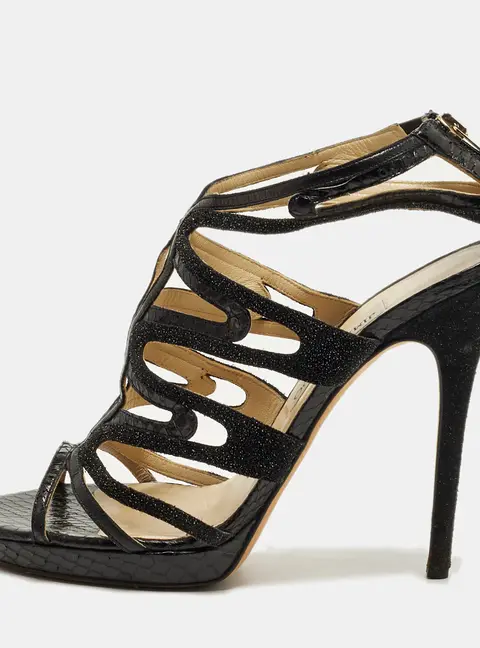 Jimmy Choo Size 40 Black Python Leather and Suede Platform Sandals