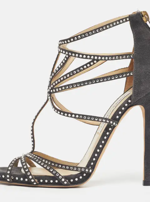 Jimmy Choo Lance Size 38.5 Grey Suede Crystal Embellished Ankle Strap Sandals