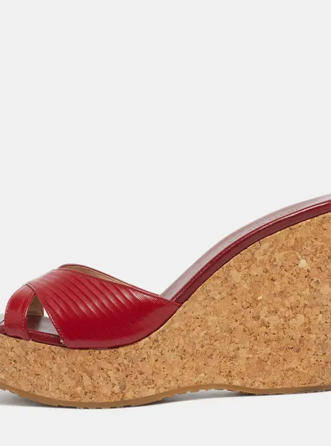 Jimmy Choo Prima Size 38 Red Leather Cork Platform Wedge Sandals