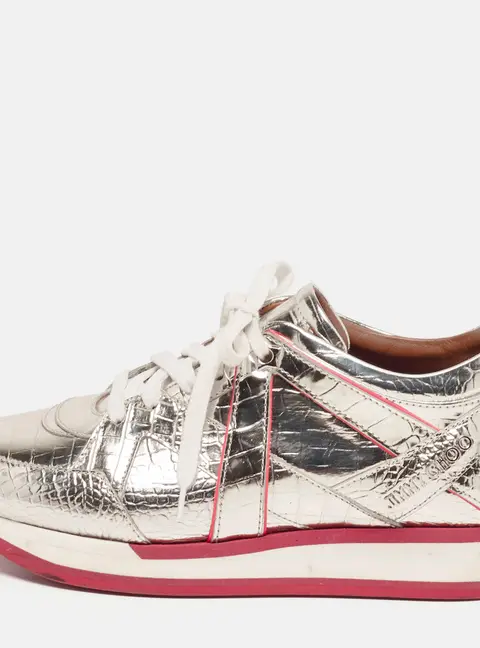 Jimmy Choo London Size 37.5 Two Tone Croc Embossed Patent Leather Lace Up Sneakers