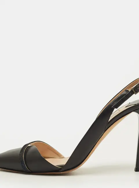 Jimmy Choo Denail Size 38.5 Black/Navy Blue Leather and Texture Suede Slingback Pumps