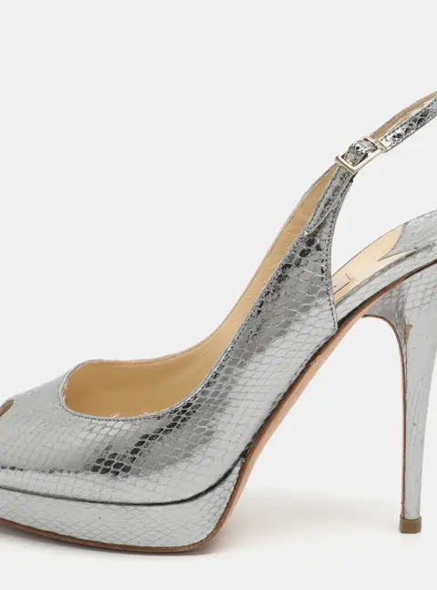Jimmy Choo Size 40 Silver Snakeskin Embossed Leather Slingback Sandals