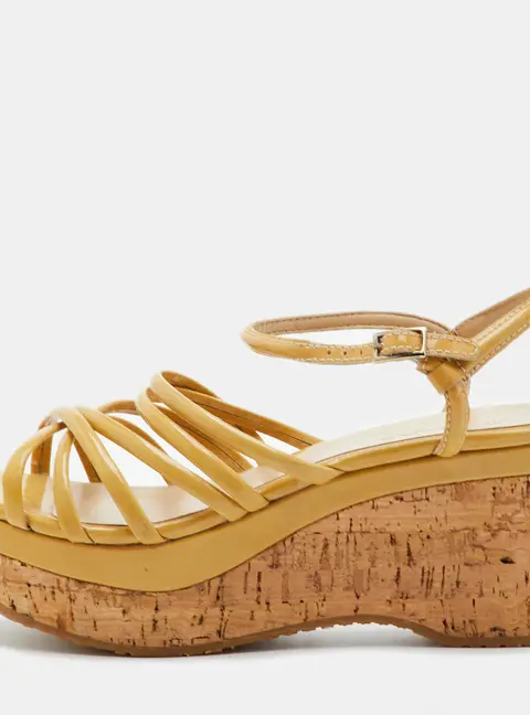 Jimmy Choo Size 39 Beige Patent Leather Strappy Cork Wedge Platform Sandals