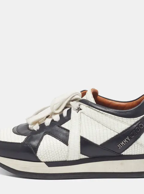 Jimmy Choo Size 35 White/Black Leather and Lizard Embossed Leather Lace Up Sneakers