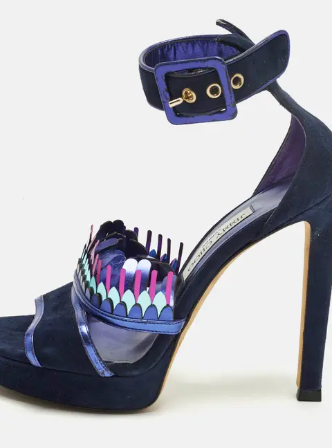 Jimmy Choo Kathleen Size 39.5 Navy Blue Leather and Suede Ankle Strap Sandals