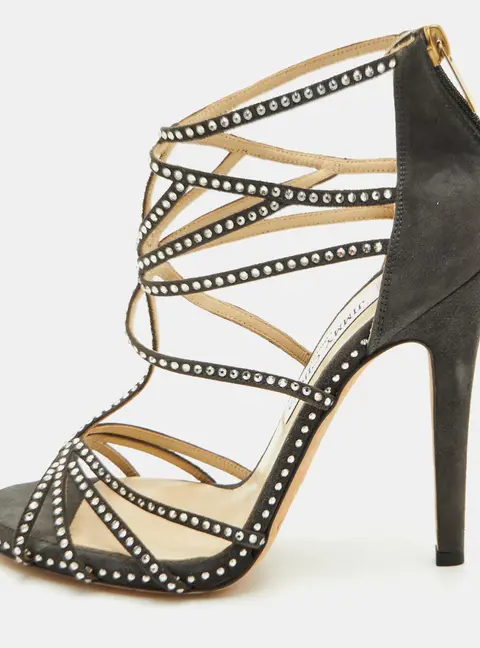 Jimmy Choo Vendetta Size 38.5 Grey Suede Crystal Embellished Strappy  Sandals