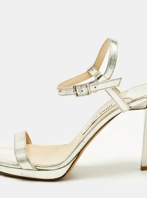 Jimmy Choo Minny Size 39 Silver Leather Ankle Strap Sandals