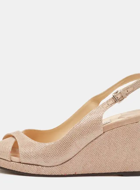 Jimmy Choo Size 38.5 Beige Metallic Embossed Suede Wedge Slingback Sandals