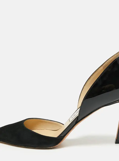 Jimmy Choo Addison Size 37.5 Black Patent Leather and Suede Pointed Toe D'orsay Pumps