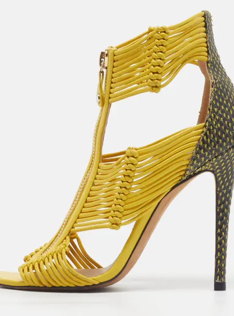 Jimmy Choo Kattie Size 41 Yellow/Green Leather and Python Leather T-Strap Sandals