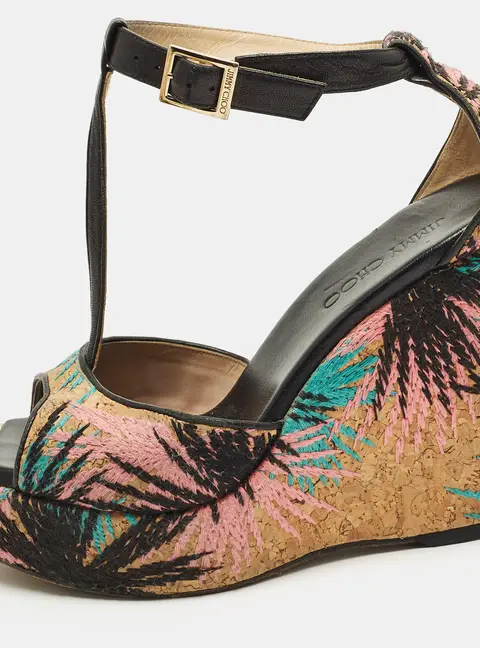 Jimmy Choo Size 40 Multicolor Cork and Leather Wedge Sandals