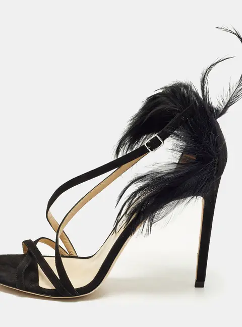 Jimmy Choo Belissa 100 Size 39.5 Black Feather and Suede Ankle Strap Sandals