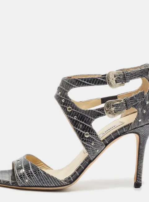 Jimmy Choo Size 37.5 Grey Lizard Embossed Leather Ankle Strap Sandals