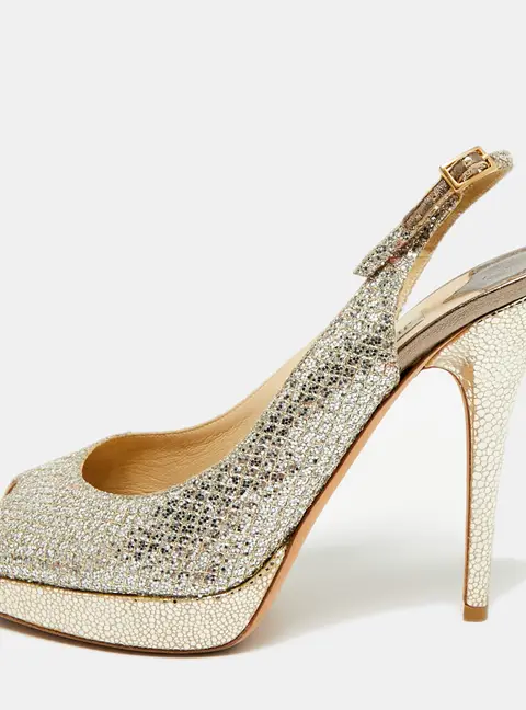 Jimmy Choo Nova Size 39 Gold Glitter Peep Toe Slingback Pumps