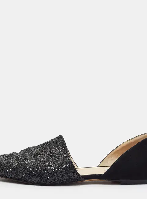 Jimmy Choo Globe Size 37.5 Black Glitter and Suede Ballet Flats