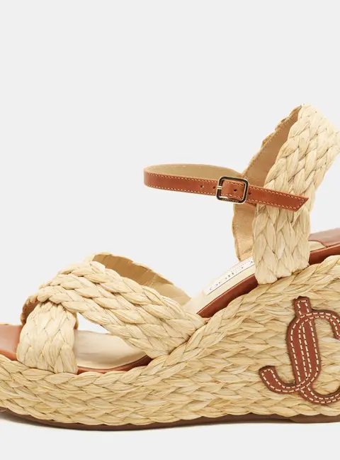 Jimmy Choo Dellena Size 38.5 Beige/Brown Leather Wedge Sandals