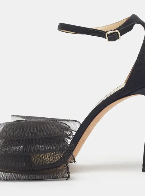 Jimmy Choo Aveline Size 39.5 Black Canvas and Net Ankle Strap Sandals