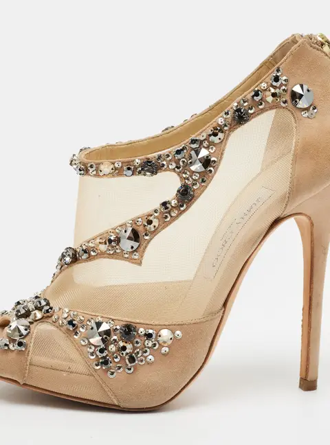 Jimmy Choo Accents Quinzie Size 39.5 Beige Mesh and Suede Crystal Embellished Platform Open Toe Pumps