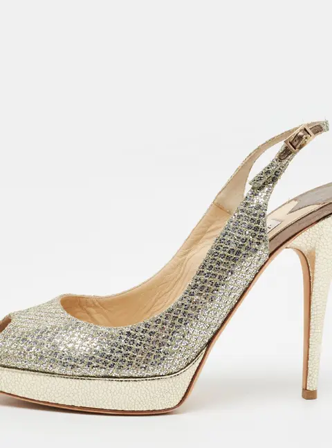 Jimmy Choo Nova Size 41 Silver Glitter Platform Peep Toe Slingback Sandals